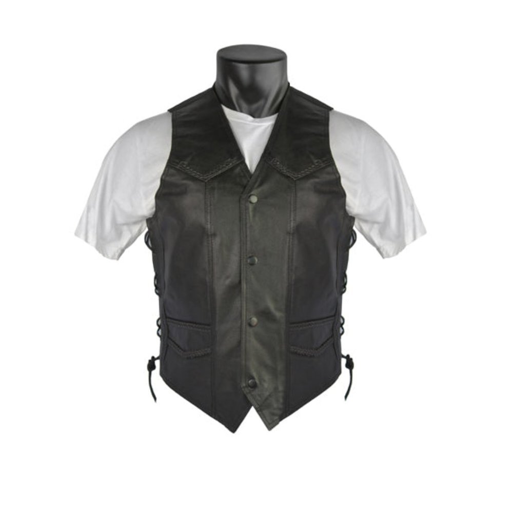 Men's Premium Leather Vest with Braid and Side Lace ''Single Seam Back''